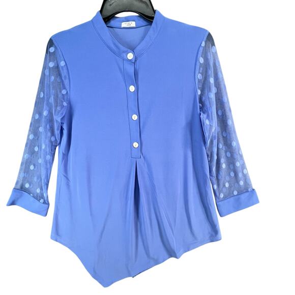 Studio 1886 Asymmetrical Top Womens S Blue Polka Dot Mesh Sleeves Button Modern - Picture 2 of 14
